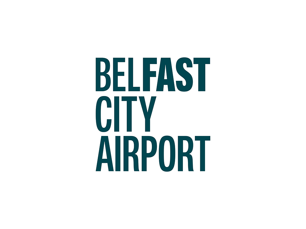 Text in blue and black reading "Belfast City Airport" on a black background.