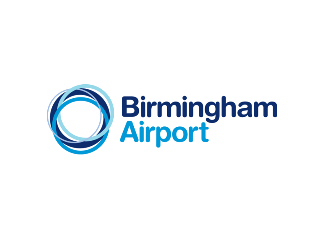 Birmingham Airport logo with a circular blue design and the words "Birmingham Airport" in blue text.