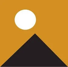 Taranaki Arts Trail - A black triangle mountain with a white circle sun or moon above it, against a brown background.
