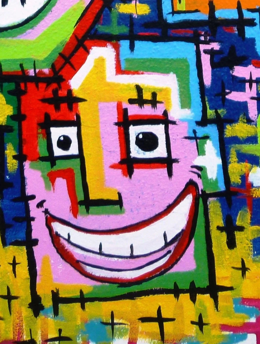 Gover St Gallery - Colorful abstract art of a smiling face with black square eyes, a wide mouth, surrounded by various bright colors and black cross marks.