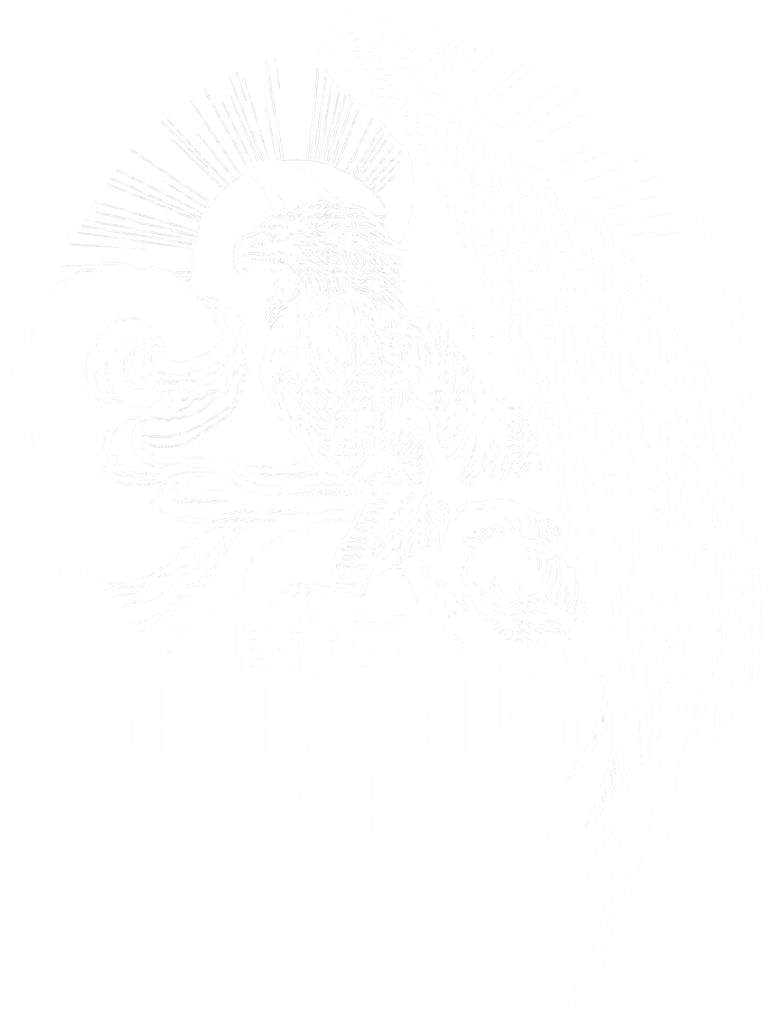 A black and white illustration of a lion's head with a rainbow mane, emerging from clouds and rays emanating from a circular background. Overlaid with the text "Giffin Wing Media".
