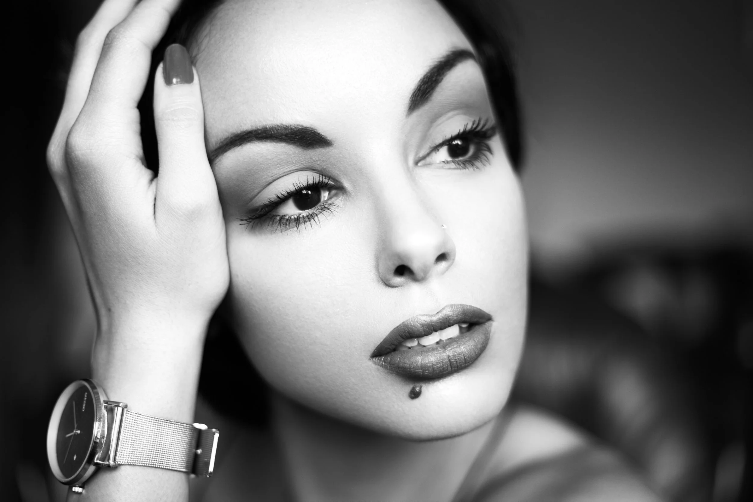 Black and white close-up portrait of a woman — Dermapen microneedling treatments at Skinor, Chelsea SW3