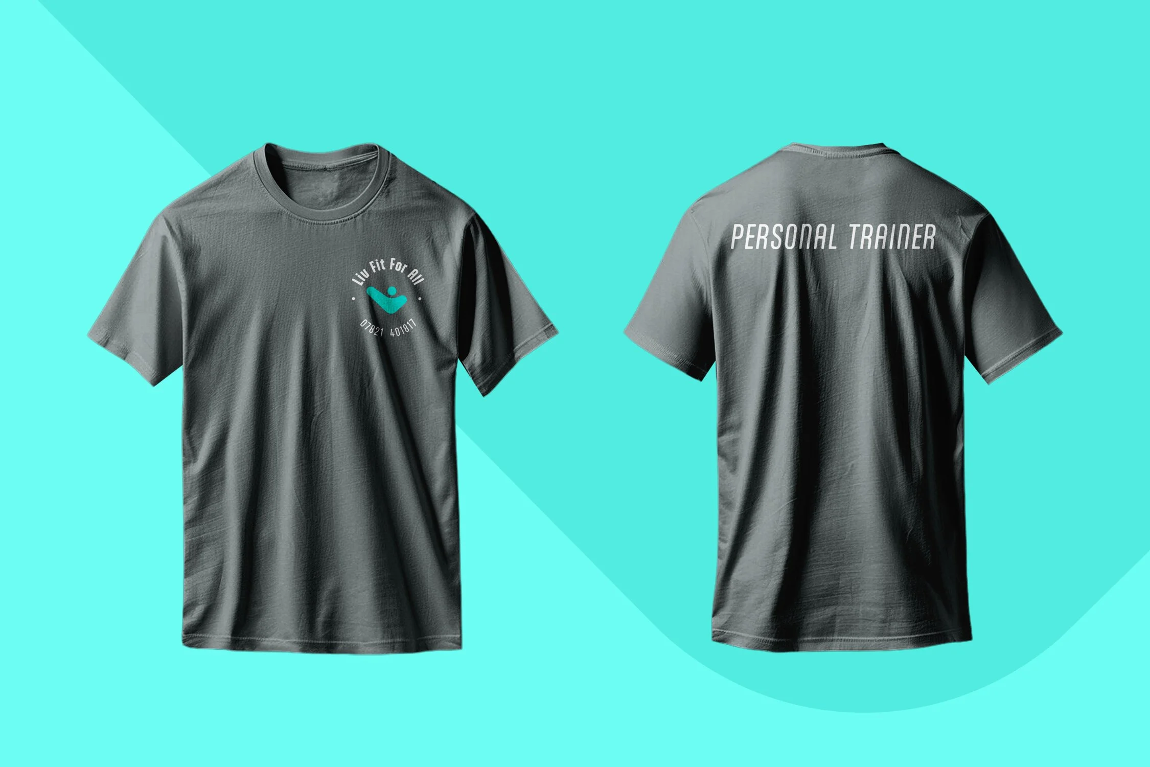A dark grey t-shirt mock-up showing front variation with Liv Fit For All logo mark in teal and white writing, the back showing "Personal Trainer"