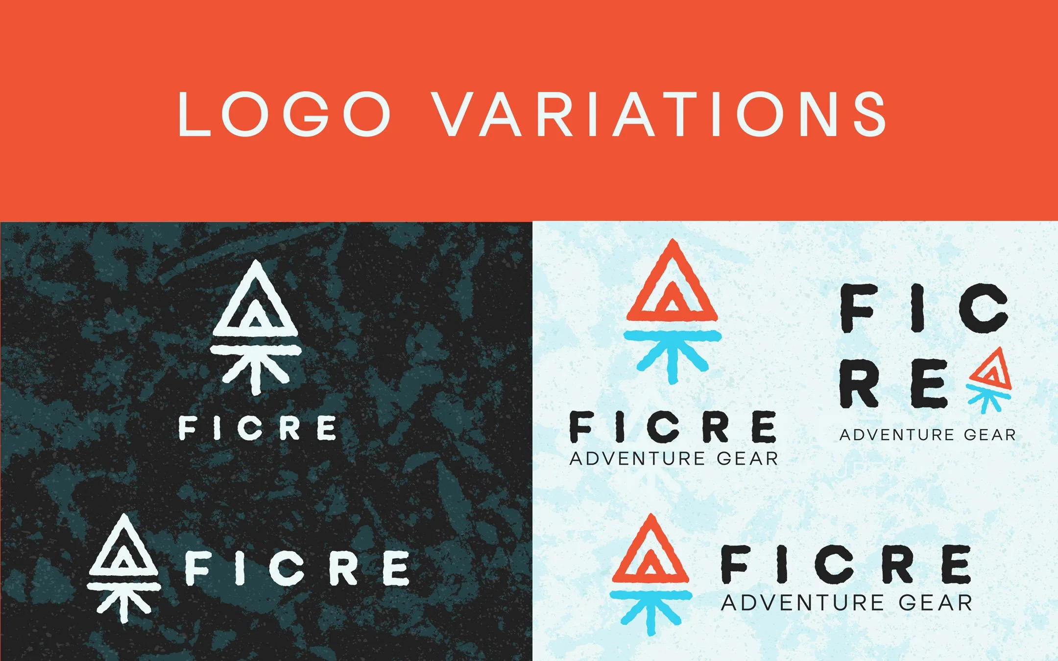 On the left, white vertical and horizontal logos appear on a dark rock-textured background. On the right, three FICRE Adventure Gear logo variations with an orange tent icon and blue campfire symbol appear on a light rock-textured background.