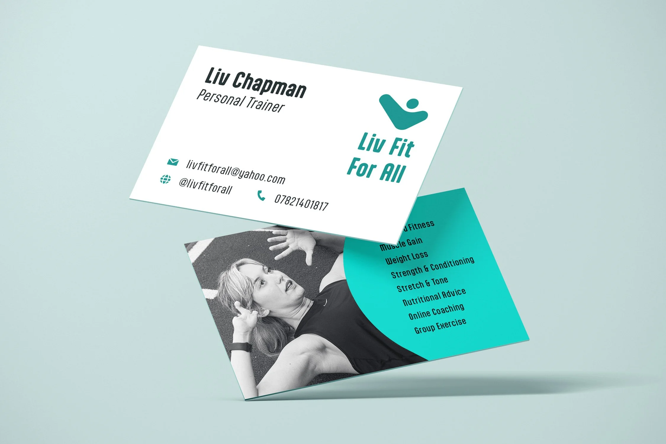 Two floating business cards: one shows “Liv Chapman, Personal Trainer” with a teal “Liv Fit For All” logo and contact details; the other shows a headshot of Liv doing sit-ups, showing her limb difference, to the right is a list of services.