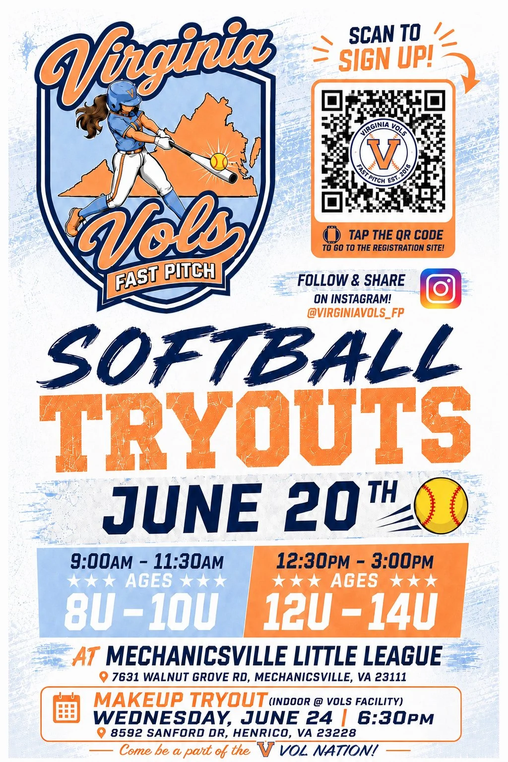 Flyer for Virginia Vols Fast Pitch softball tryouts on June 20th. Features a cartoon girl swinging a bat with a softball. Contains a QR code for registration, social media info, tryout times and location at Mechanicsville Little League, Virginia. Also advertises a makeup tryout on June 24th.