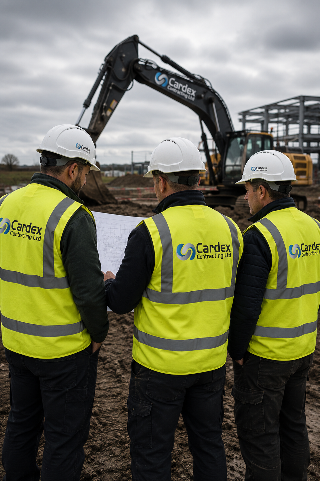 Three construction workers wearing yellow safety vests and white helmets, standing outdoors at a construction site, reviewing blueprints with an excavator in the background.