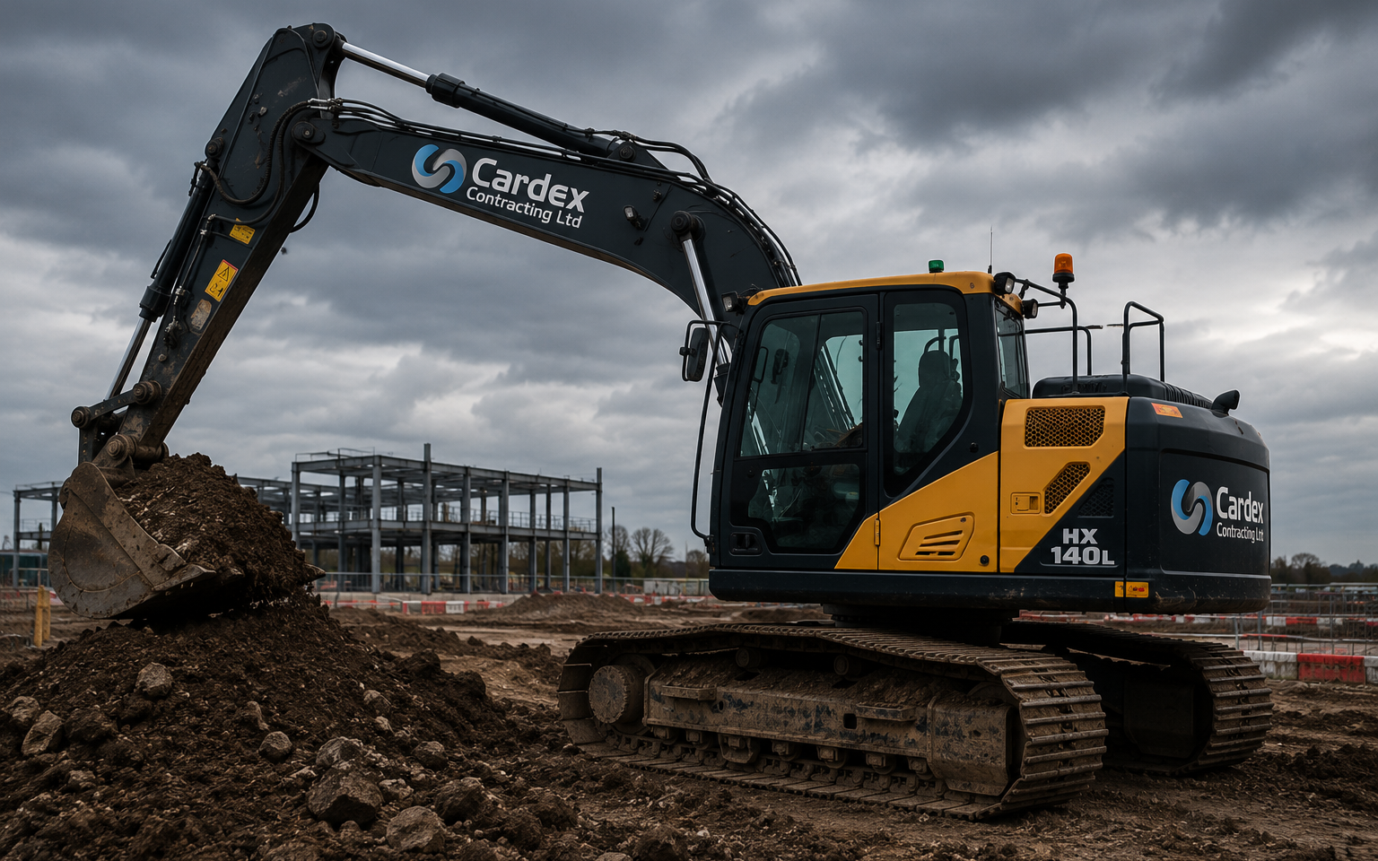 A yellow and black excavator operating at a construction site, digging into the dirt under a cloudy sky.