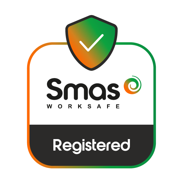 Smas WorkSafe badge indicating registration, featuring a shield with a check mark, and green, orange, and black design elements.