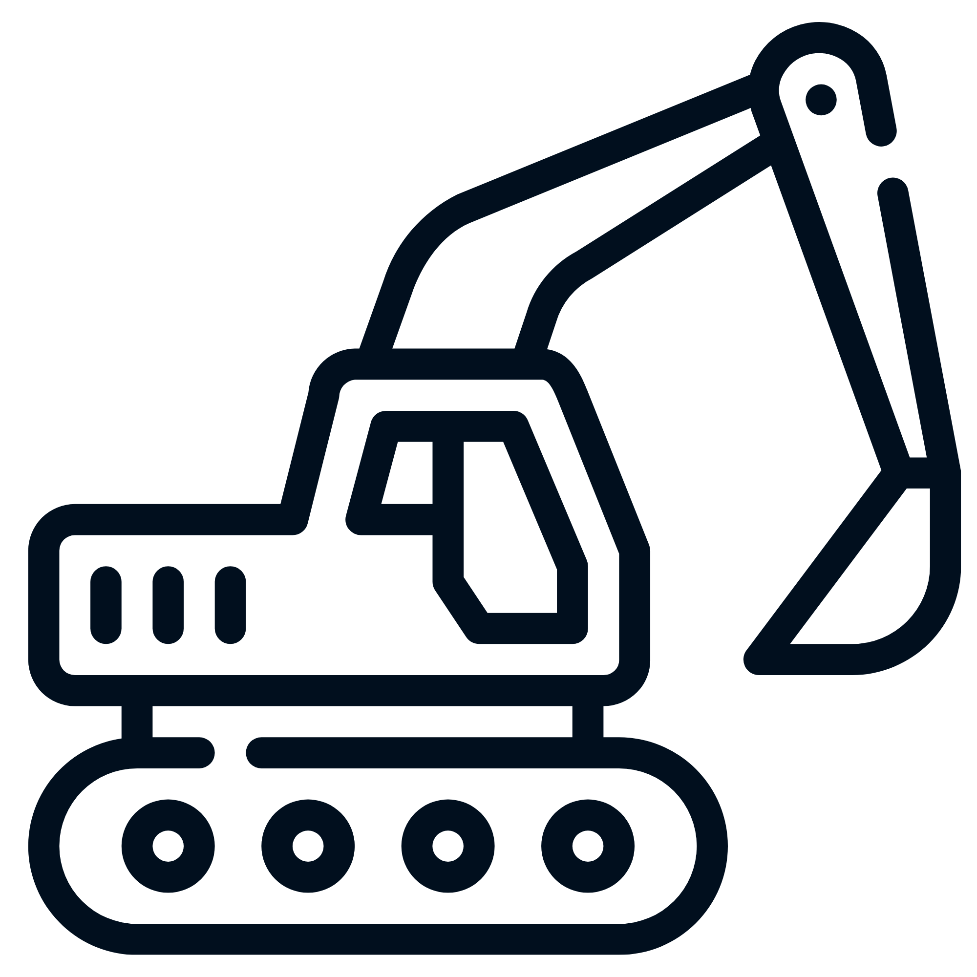 Outline of a construction excavator in blue on a black background.