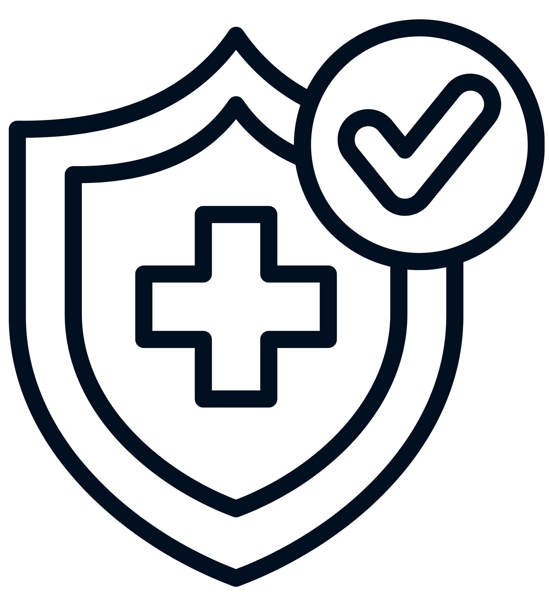 Line drawing of a heart with a medical cross inside and a checkmark in a circle overlay