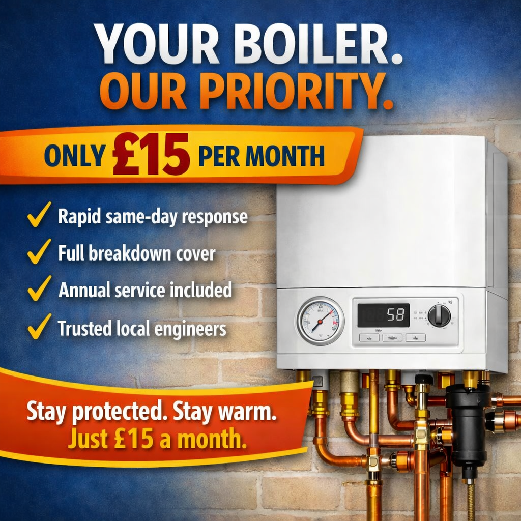 An advertisement for boiler maintenance service promoting a monthly price of 15 pounds with features like same-day response, full breakdown cover, annual service, and trusted local engineers. The image shows a white boiler with copper pipes against a brick wall.