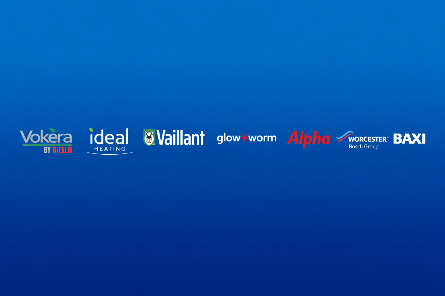 Logos of various heating and technology companies, including Vokera, Ideal Heating, Vaillant, Glow-worm, Alpha, Worcester Bosch Group, and Baxi, displayed on a blue background.