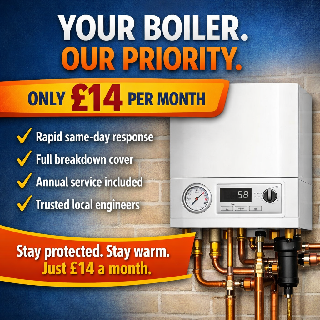 A billboard advertisement promoting boiler maintenance services, emphasizing pricing at 14 pounds per month, with features like same-day response, full breakdown cover, annual service, and trusted local engineers, and featuring an image of a modern boiler with pipes.