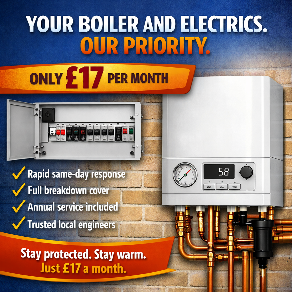 A heating and electrical service advertisement featuring a boiler system and an electrical breaker panel. The ad emphasizes a monthly price of 17 pounds and highlights features like rapid response, full coverage, included annual service, and trusted engineers. The background is a brick wall, and there are vibrant text overlays promoting the service.