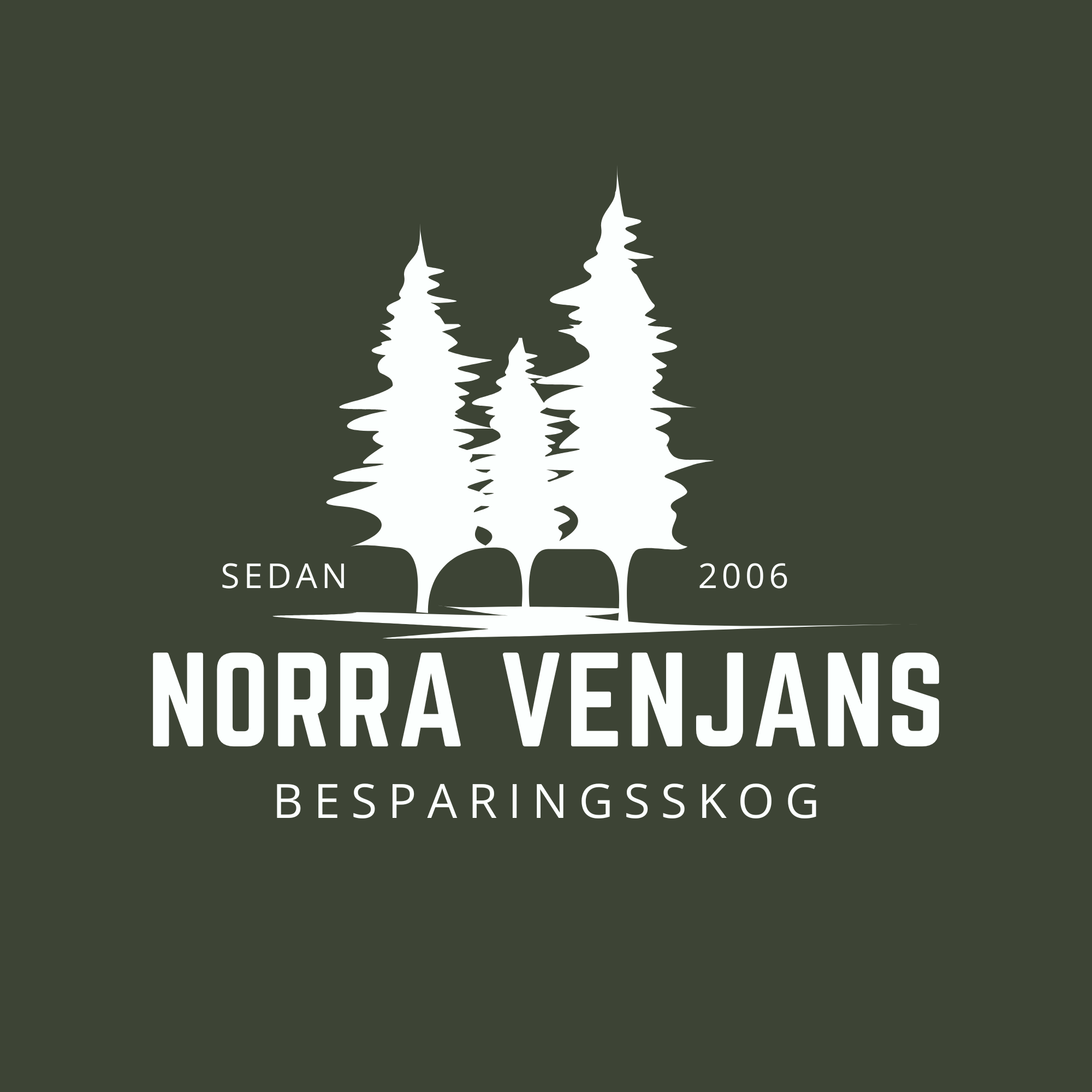 Logotyp för Norra Venjans Besparingsskog. Mörkgrön med vid silhuett av träd.