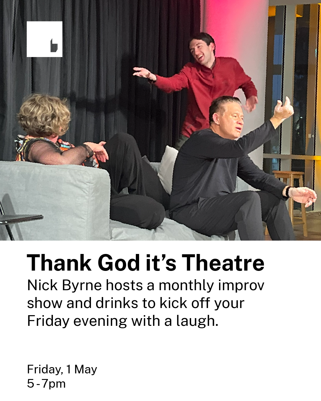 Three people on a stage, two men and a woman, engaging in a comedic improv show with laughter and animated gestures in a film or theater setting.