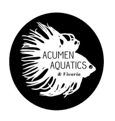 Black circular logo with a stylized fish skeleton outline containing the text 'ACUMEN AQUATICS & Vivaria' inside.