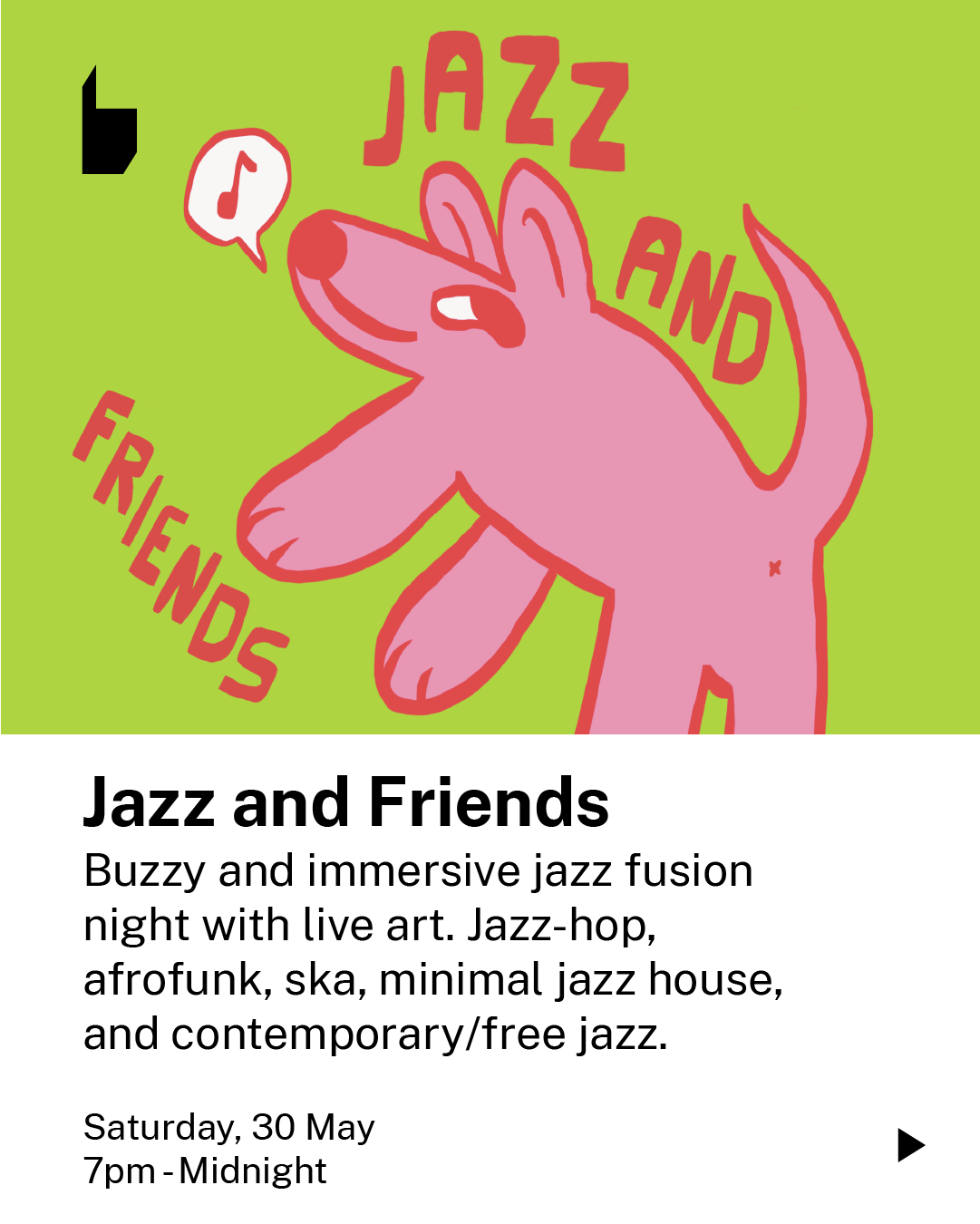 A pink cartoon dog with a speech bubble containing a music note, surrounded by red text that says "Jazz and Friends."