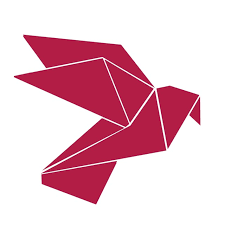 A geometric illustration of a bird in maroon with folded wing details.