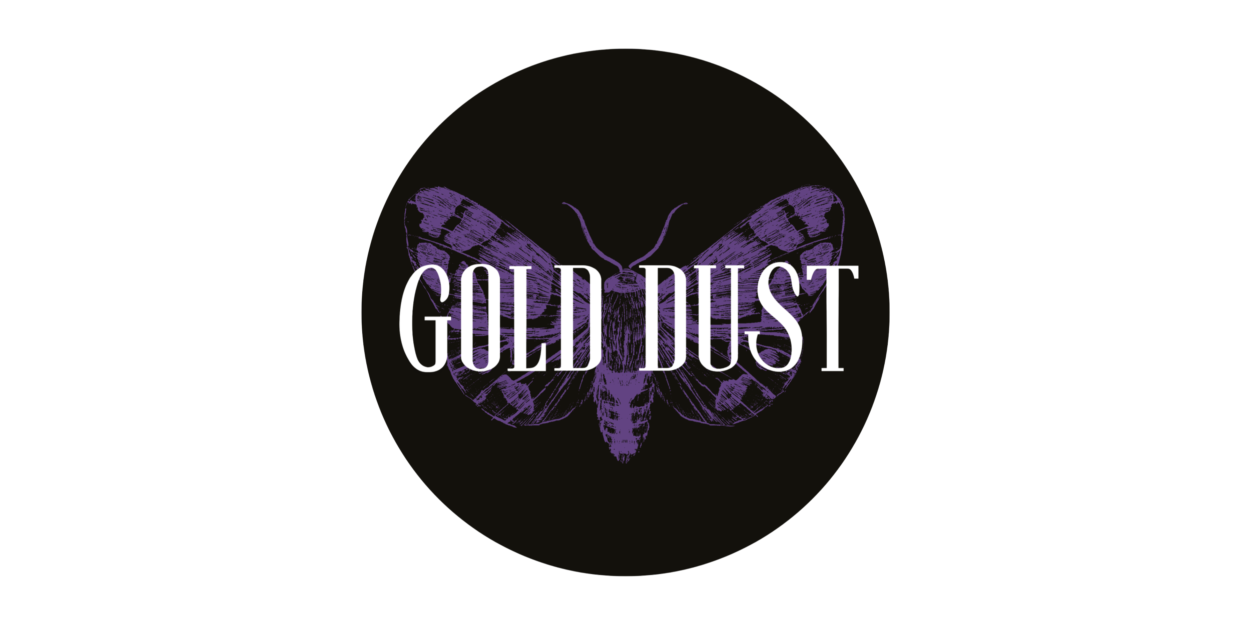 Black circular logo featuring a purple moth illustration and the text "GOLD DUST" in white capital letters.