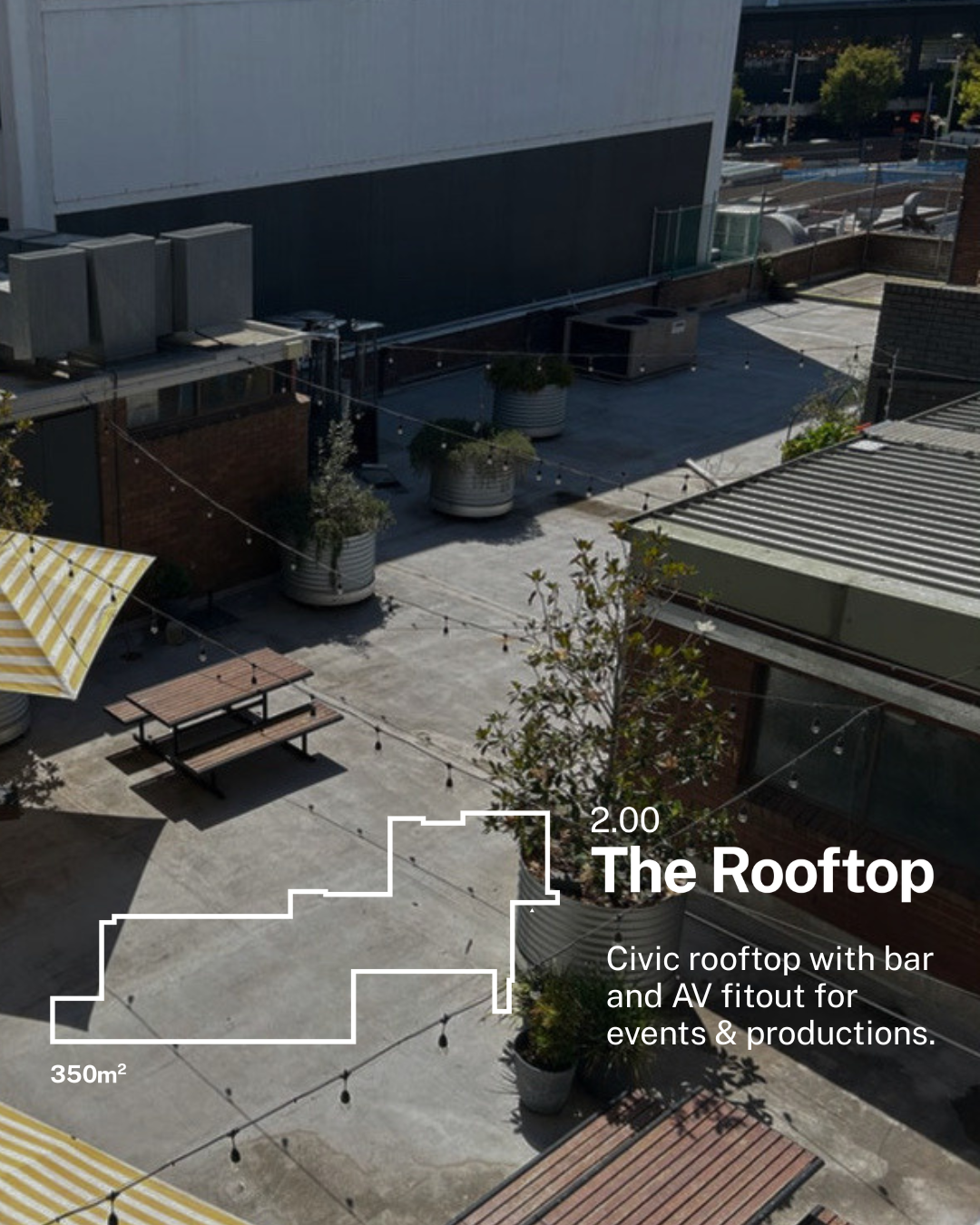 An aerial view of a city rooftop outdoor space with tables, string lights, large planters with trees, and a yellow-striped awning. The area is 350 square meters, with a bar and AV setup for events and productions.