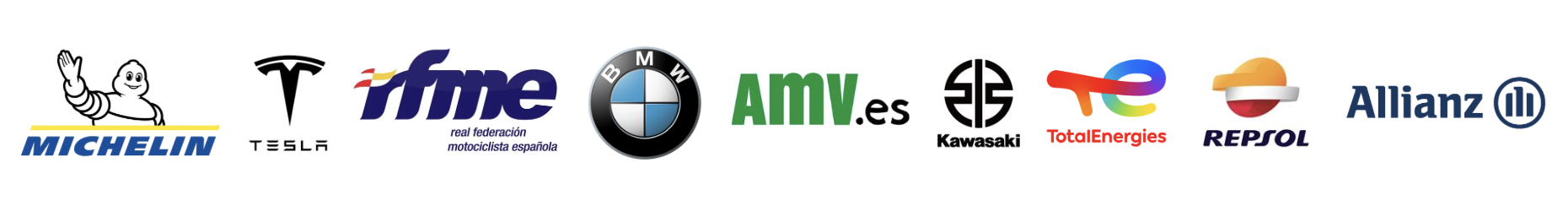 Logos de varias marcas, incluyendo Michelin, Tesla, RFME, BMW, AMV.es, Kawasaki, TotalEnergies, Repsol, Allianz.