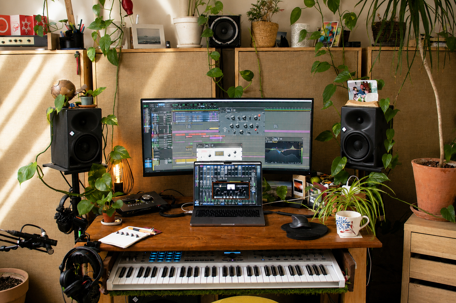 Studiotisch mit Neumann-Abhöre, auf dem Laptop ist Pro Tools geöffnet und zeigt verschiedene PlugIns von Soundtoys, über uad und FabFilter