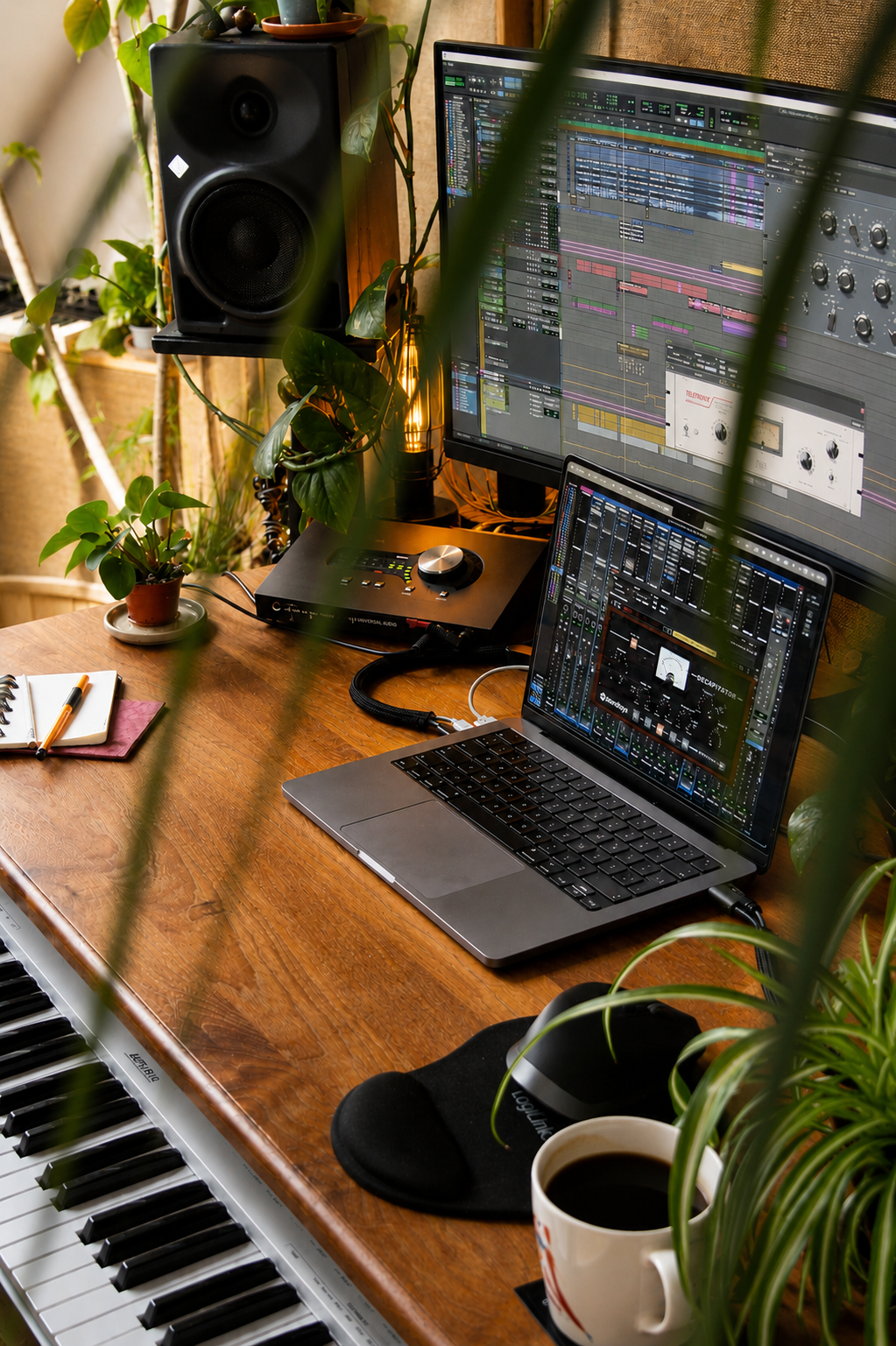 Ein Heimstudio mit einem Universal Audio-Interface, zwei Monitoren, einem Laptop, einem Keyboard, Pflanzen, einer Tasse Kaffee, einem Notizbuch und einem Stift, umgeben von grünen Pflanzen.