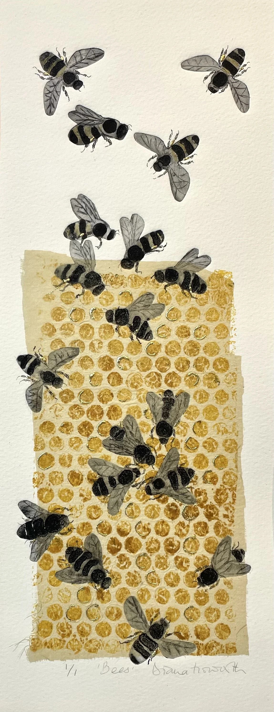 Bees collagraph with chine collé and gold leaf mono print SOLD
