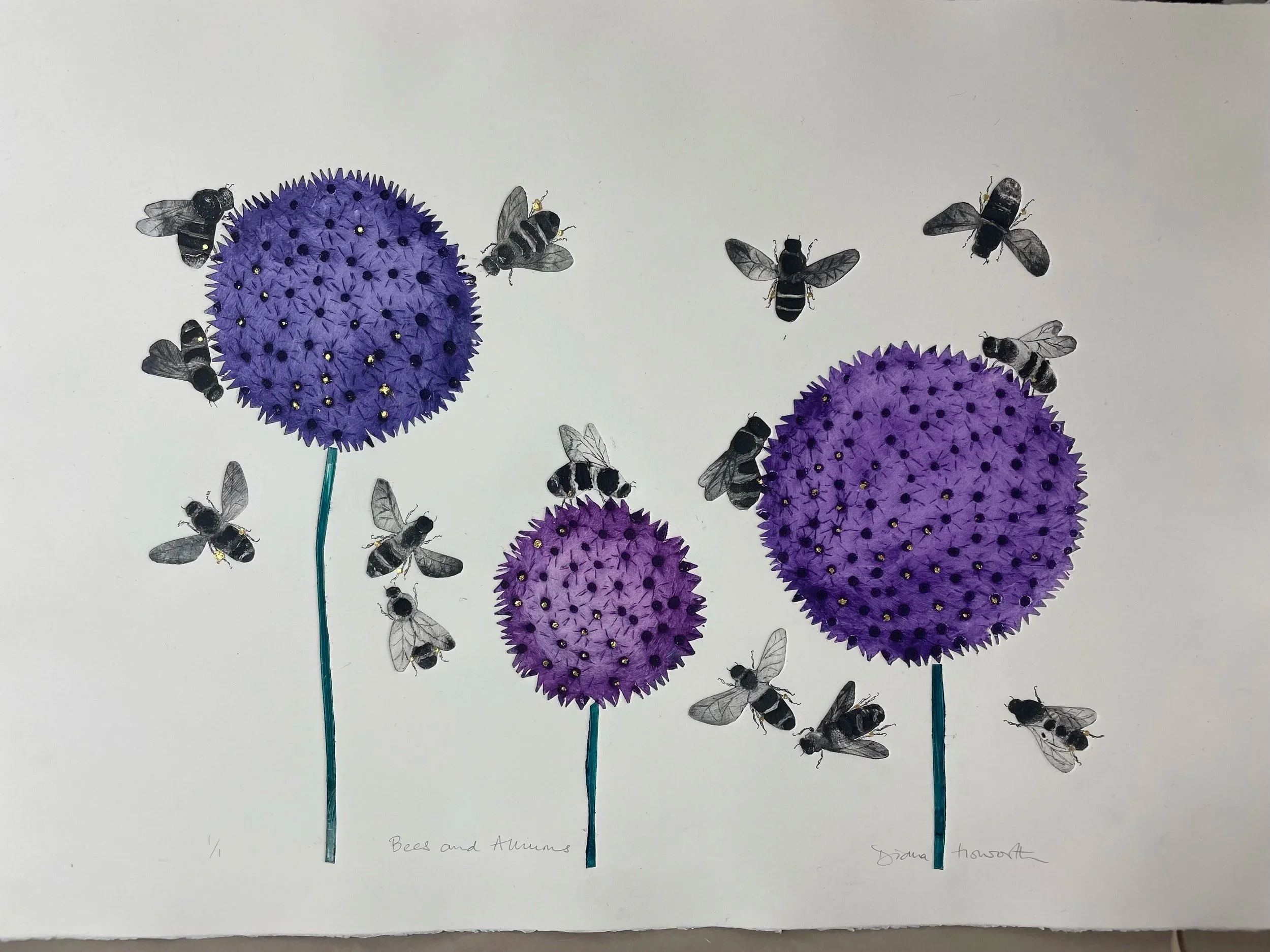 Alliums with Bees — collagraph and gold leaf monoprint by Diana Howorth
