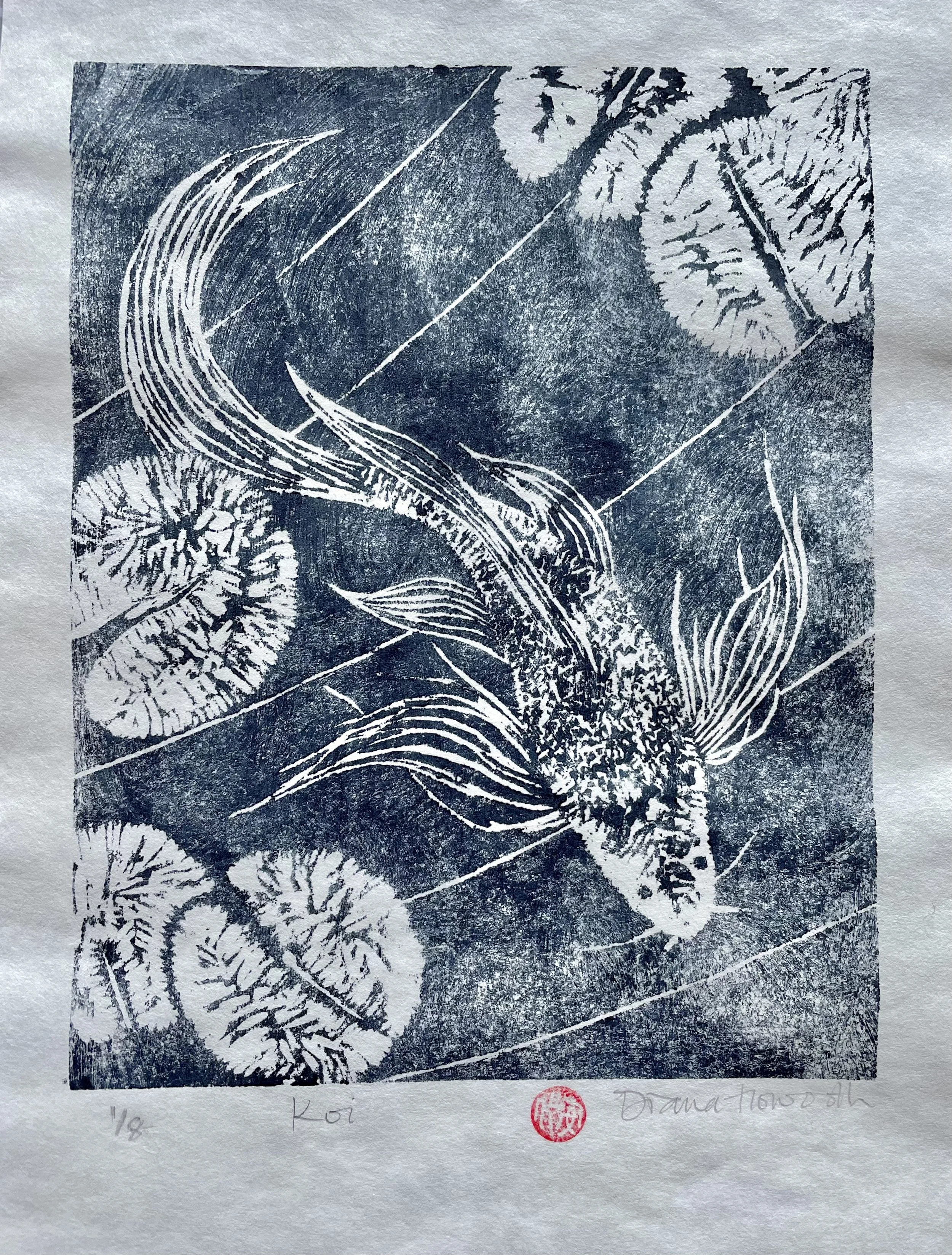 Woodblock print on japanese paper in prussian blue