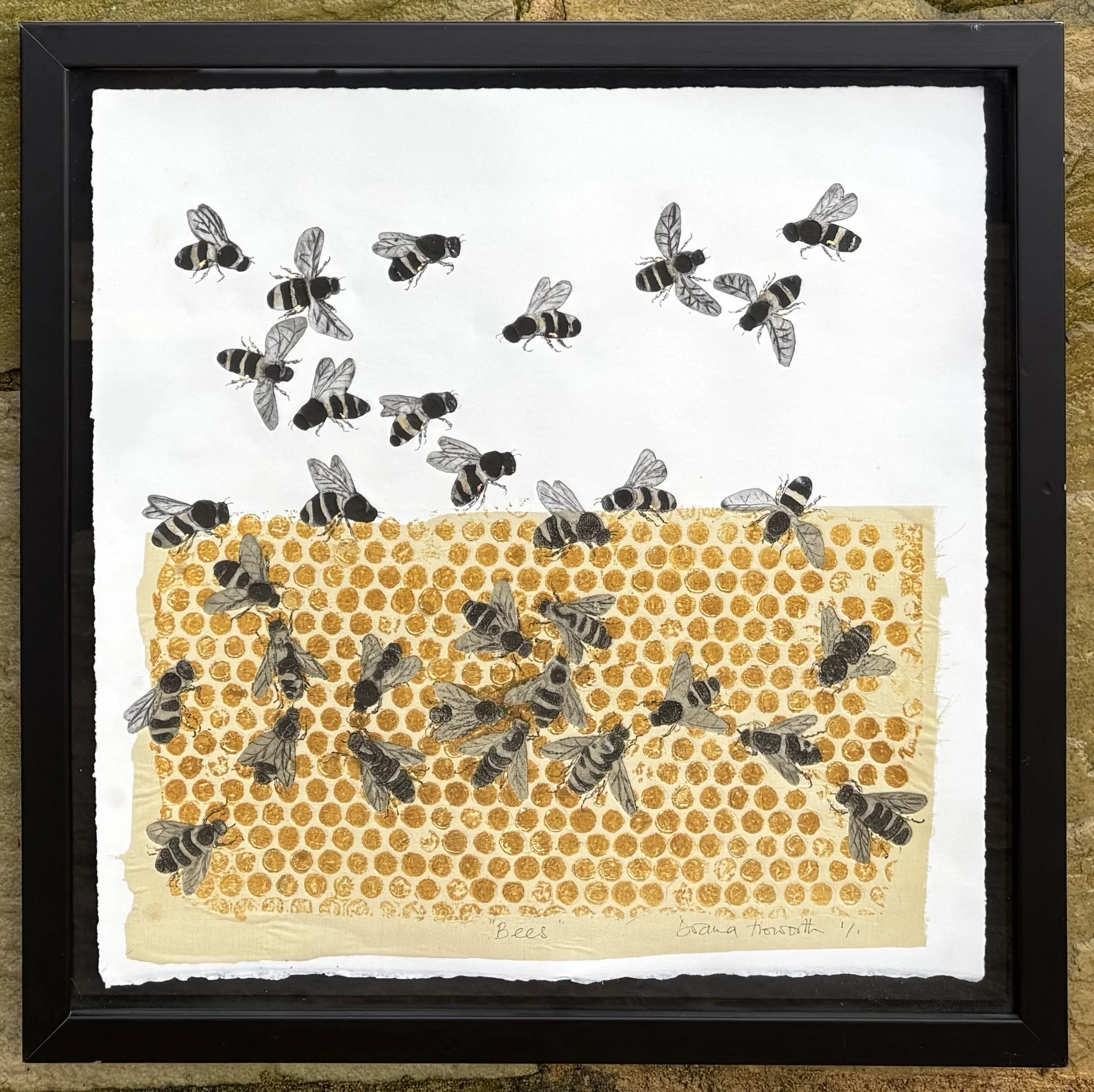 Monoprint bee  collagraph with chine collé and gold leaf