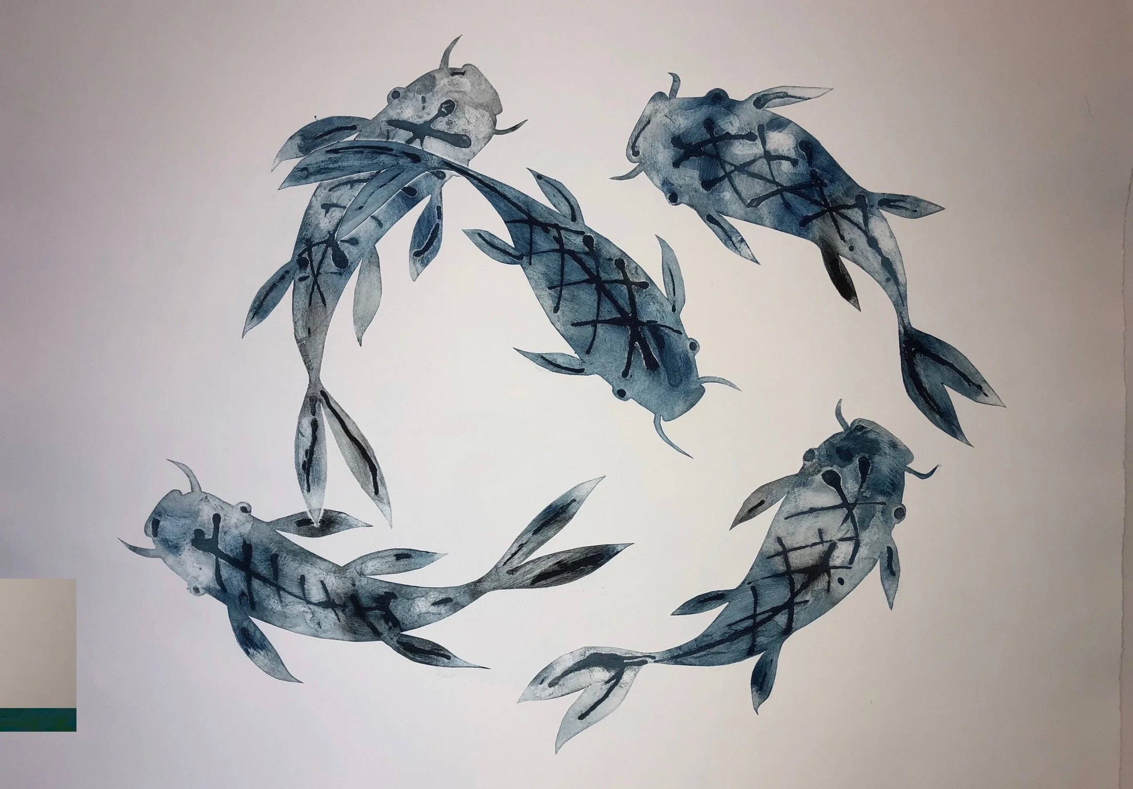 Koi Carp collagraph in blues on Fabriano