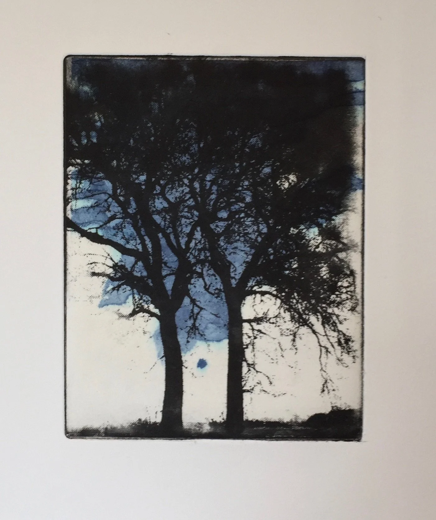 Photo etching Two Oaks ink wash and chine colle