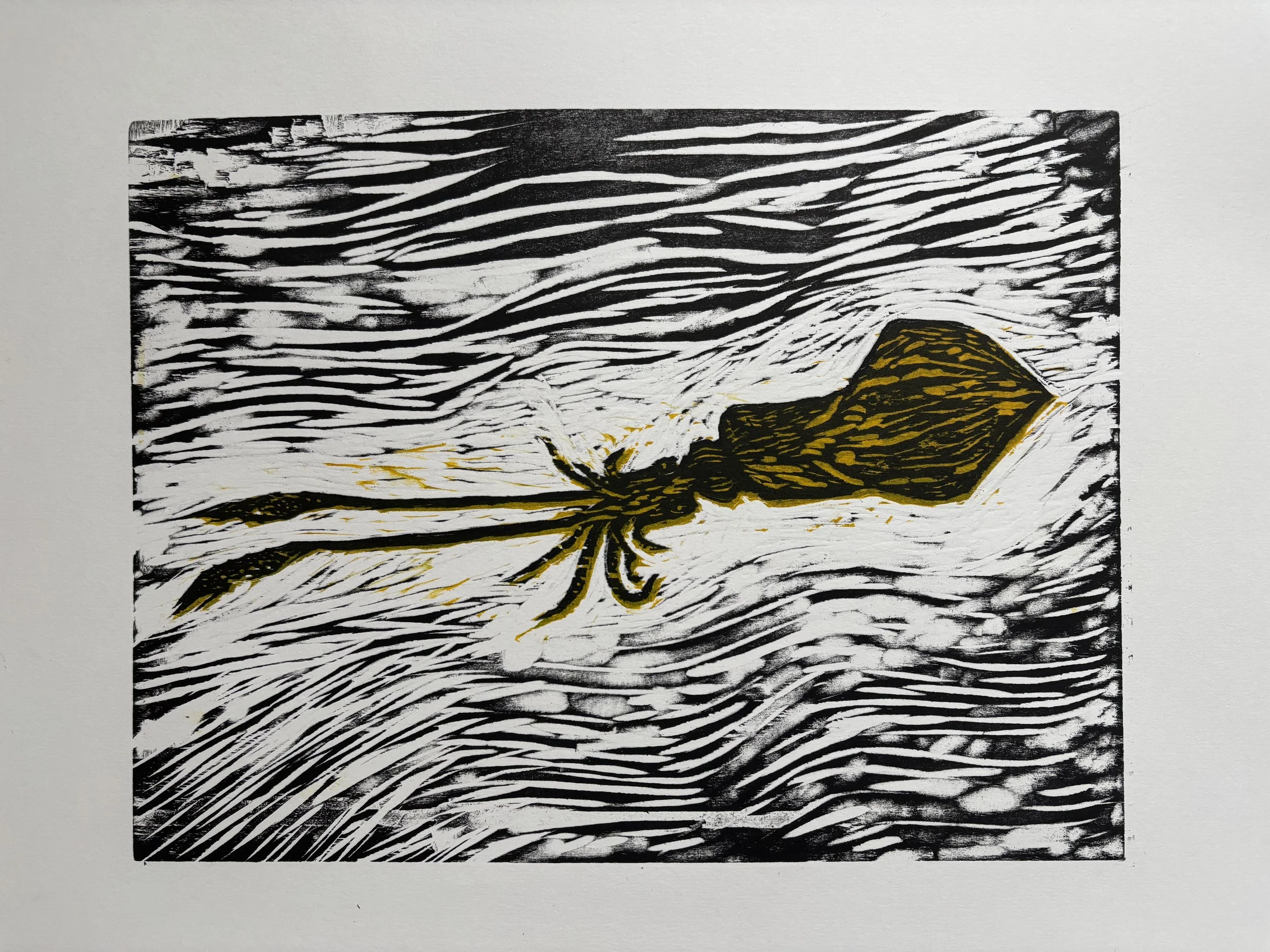 Squid — two-block woodcut in black and yellow