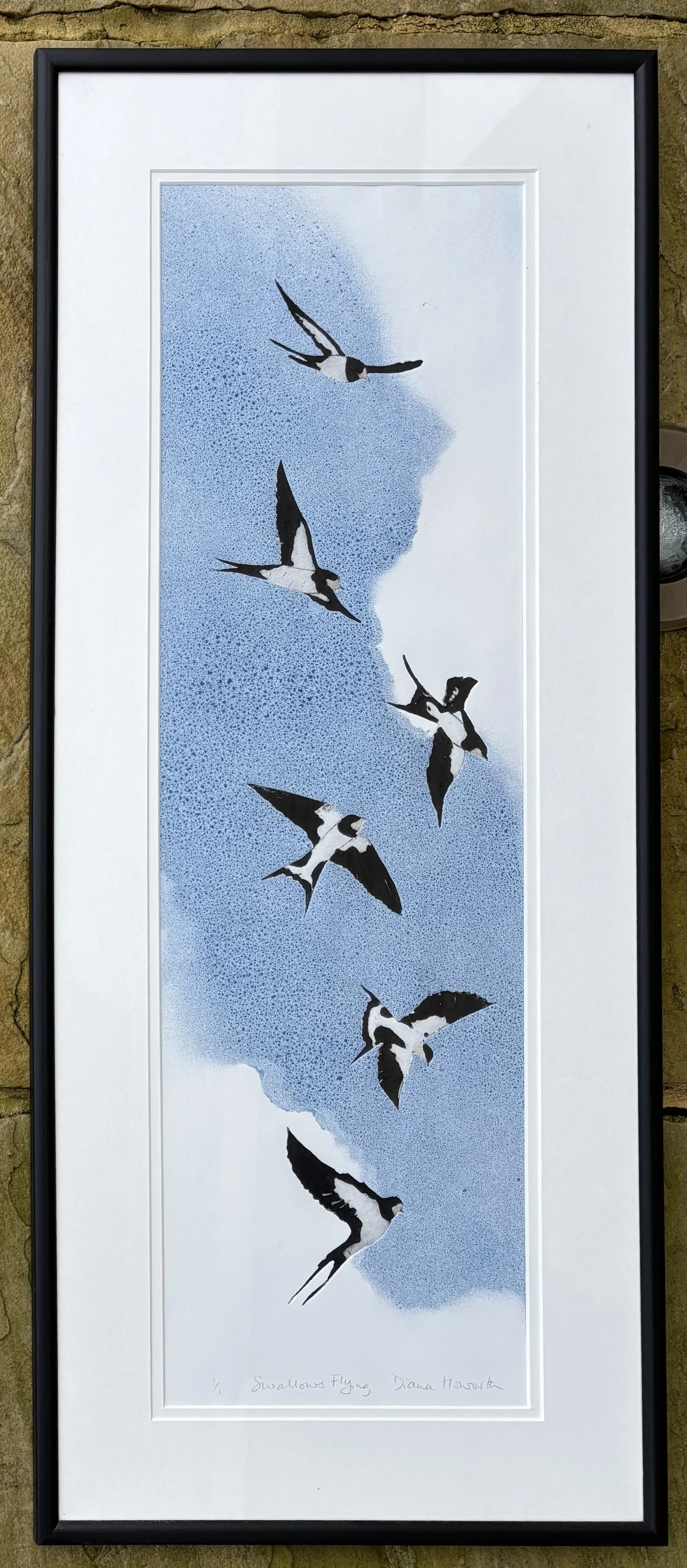 Swallows in flight — collagraph and spray mono print