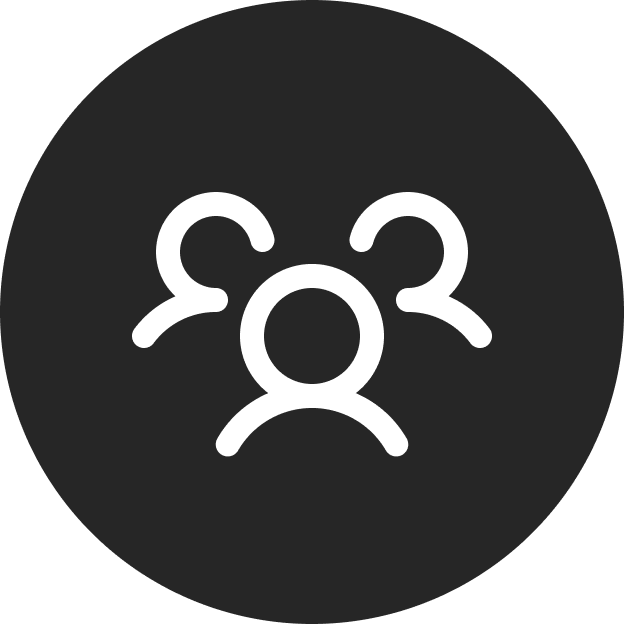A white icon of three stylized people figures in a circle on a dark gray background.
