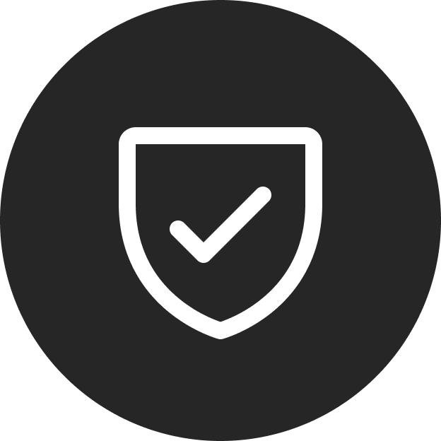 A white shield with a checkmark inside, on a dark grey circular background.