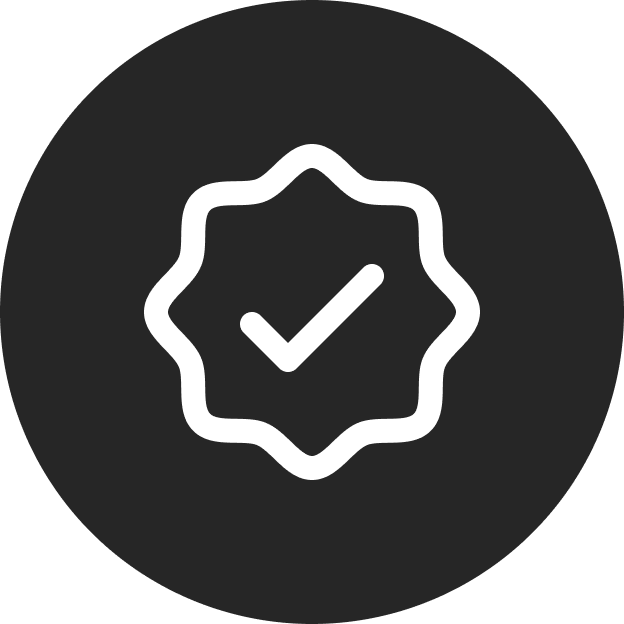 A white checkmark inside a jagged white shape, set on a dark grey circular background.