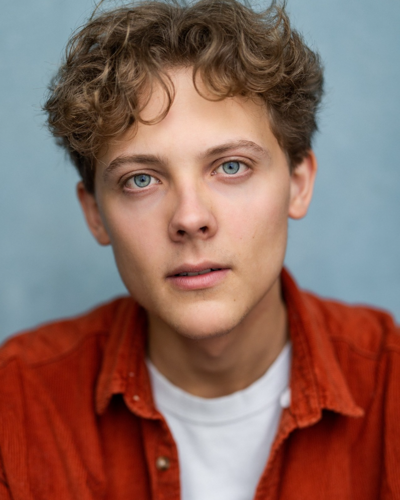 A young man with curly hair and blue eyes wearing a white t-shirt and a red-orange shirt, looking directly at the camera against a plain background.
