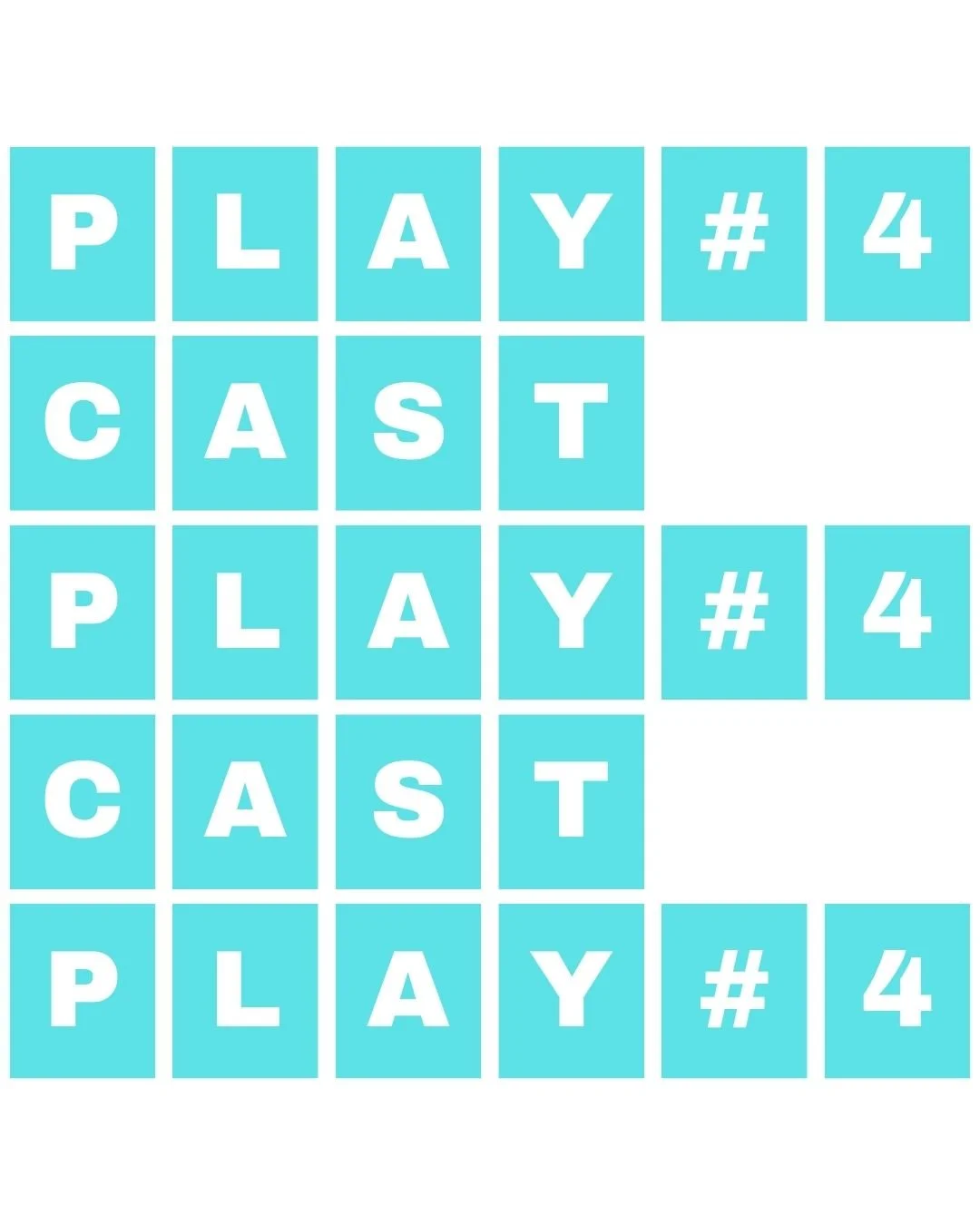 A colorful word puzzle grid with the words 'PLAY', 'CAST', and the number 4 repeated three times, arranged in a crossword style with letters in blue squares.