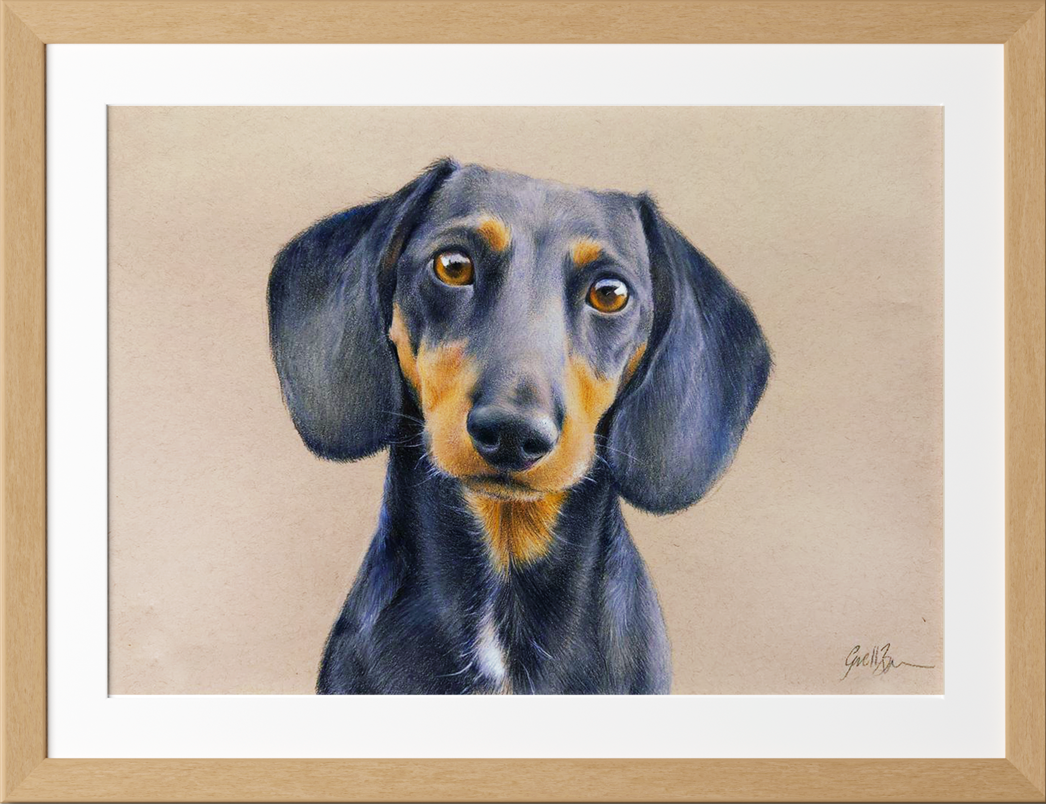 Framed watercolor painting of a black and tan dachshund dog with expressive brown eyes, on a beige background.