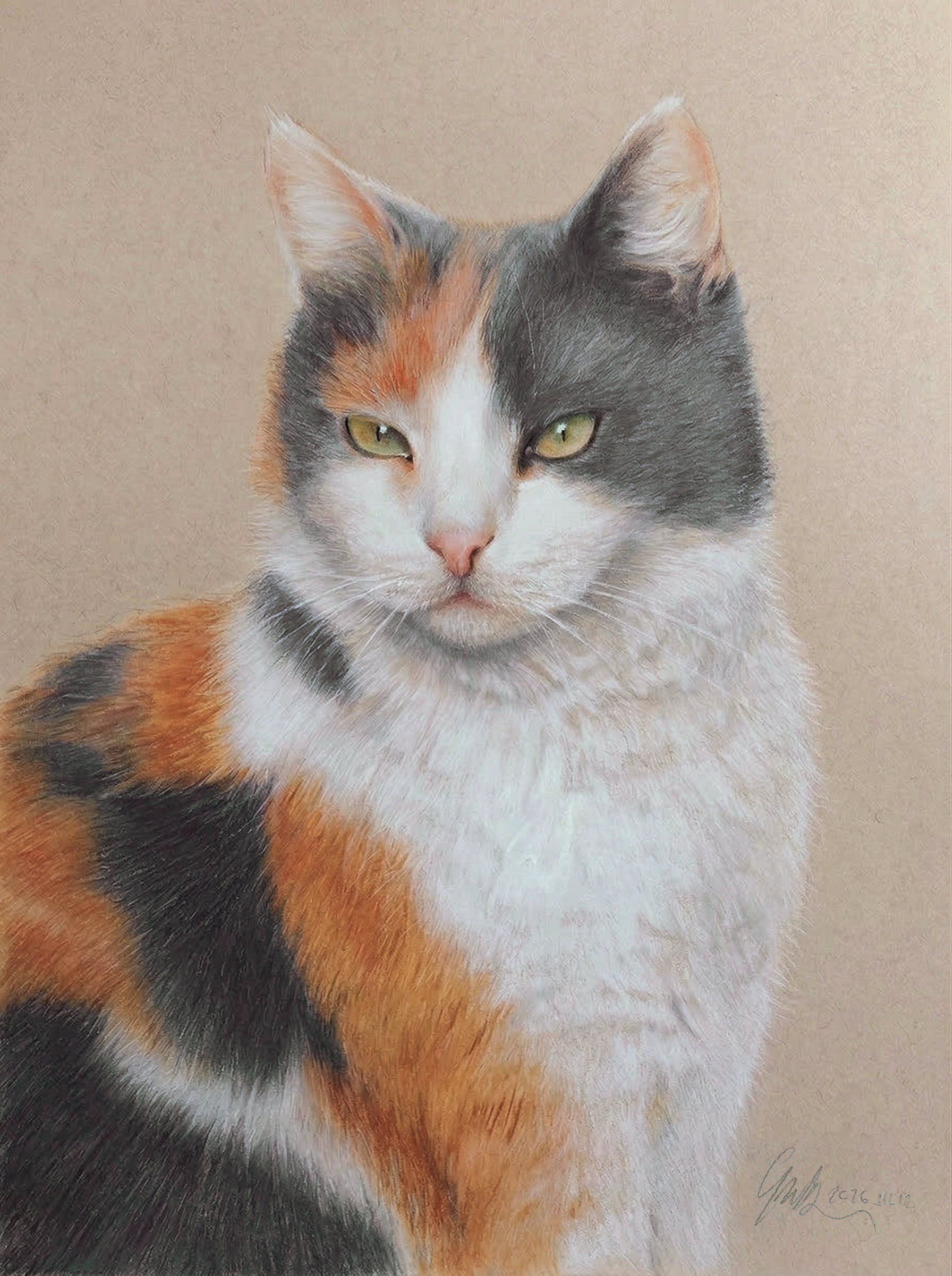 A realistic painting of a calico cat with yellow eyes, white, orange, black, and gray fur, looking directly at the viewer against a beige background.