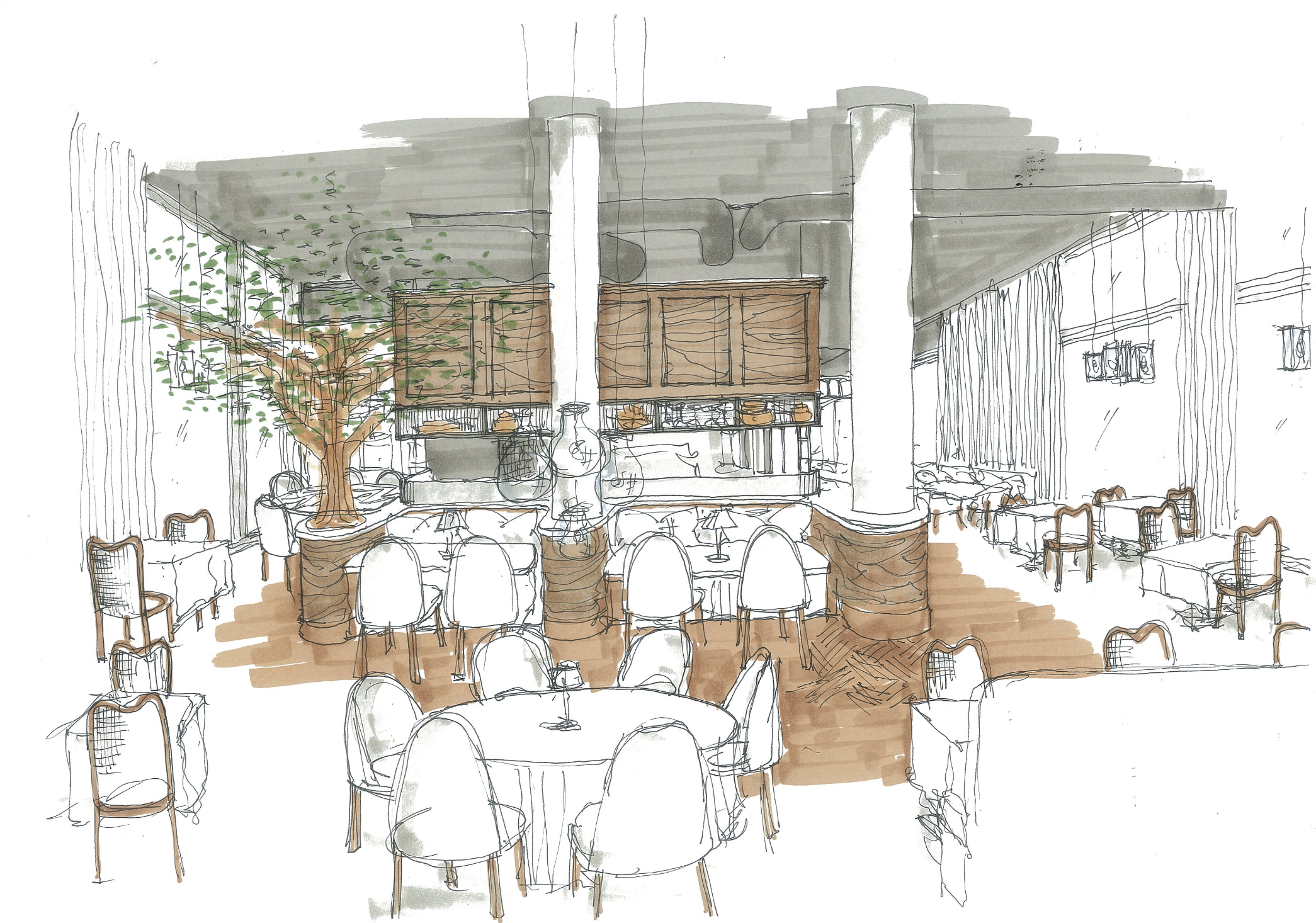 A sketch of an indoor restaurant or cafe interior with tables and chairs, a large tree, and decorative elements.