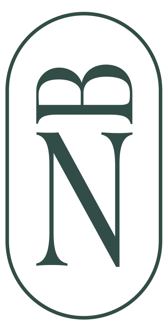 Stylized letter N with an arch and book motif in the background.
