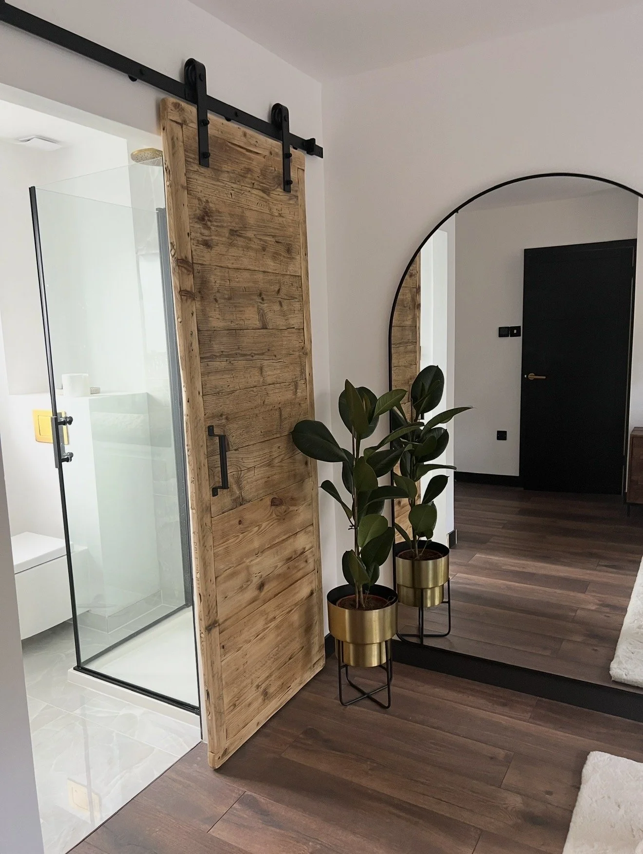 Interior view of a modern room with a glass shower enclosure, a large wooden sliding door on a black track, potted green plants in gold pots, a mirror, and a black door in the background.
