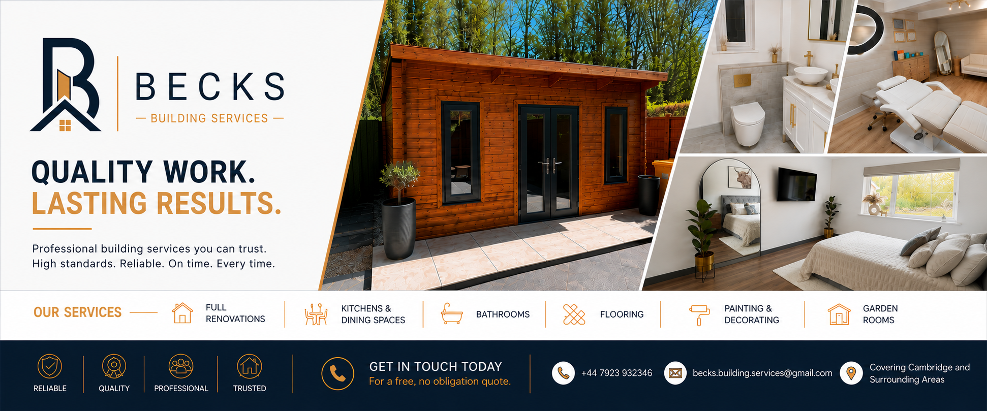 An advertisement for Becks Building Services featuring a logo, a large photo of a wooden garden cabin, interior images of renovated rooms including a bathroom, bedroom, and medical treatment room, and icons listing services like full renovations, kitchens and dining spaces, bathrooms, flooring, painting and decorating, garden rooms, and contact information.
