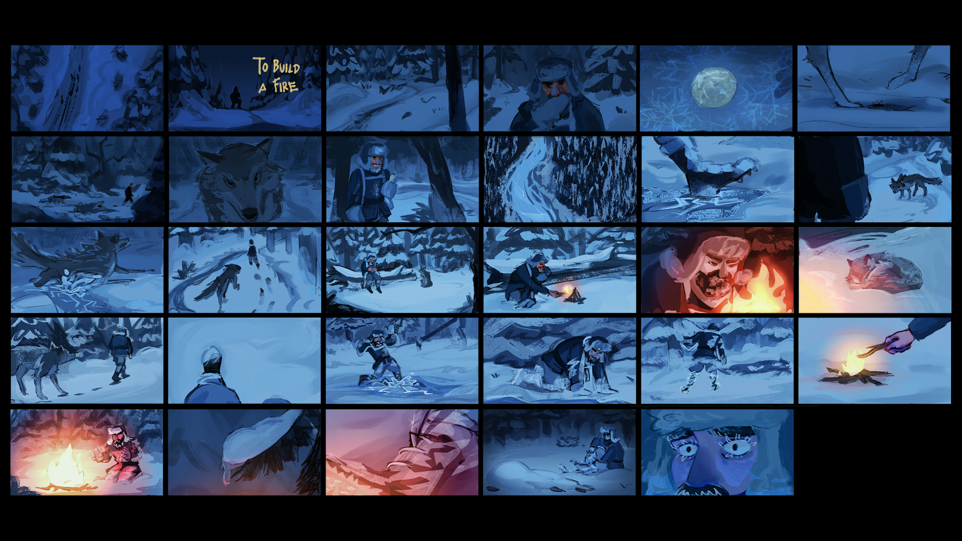 Color Script for personal project "To Build a Fire"