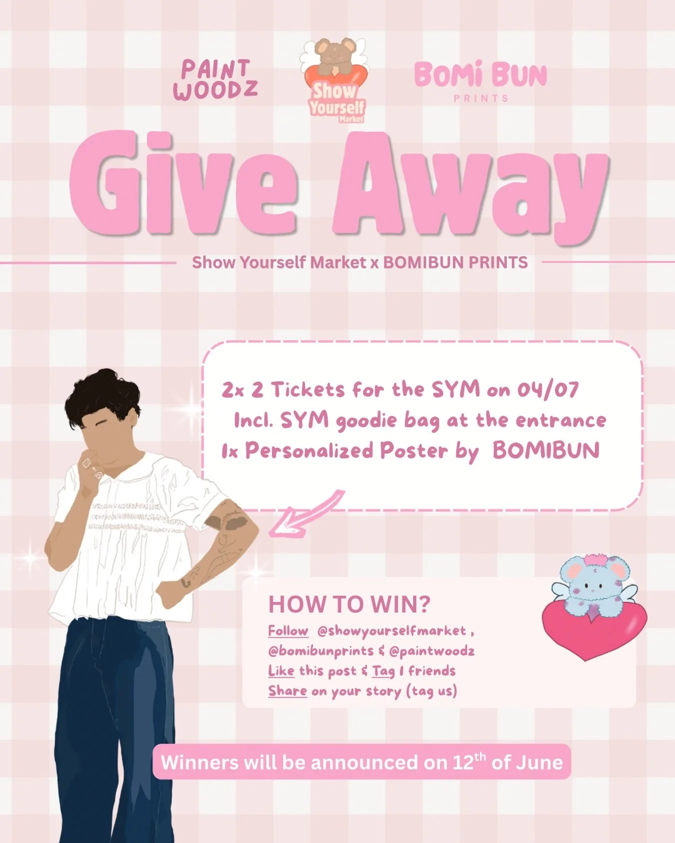 Hi guys, Sooo SYM is collabing with the lovely @paintwoodz with her amazing new brand business @bomibunprints I also want to benefit you guys so I ARRANGED SOMETHING!!! ૮ ྀིᴗ͈ . ᴗ͈ ྀིა

SYM x BOMIBUN is giving away:
2x 2 tickets to the Show Yourself 